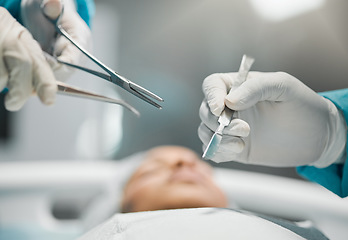 Image showing Health care, hands on tools and doctors in surgery with equipment, teamwork and support in hospital. Nurse helping medical surgeon, safety and patient in bed for operation, emergency procedure in ER.