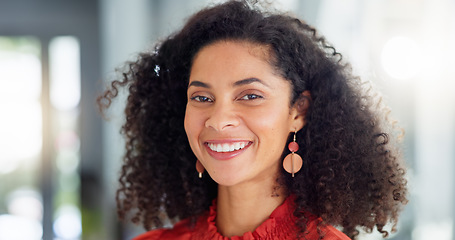 Image showing Happy, laughing and the face of a woman at work with pride, happiness and confidence. Smile. cheerful and a portrait of a young corporate employee with positivity, smiling and looking confident