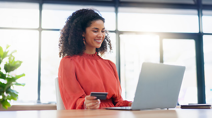 Image showing Laptop, office and business woman with credit card for internet purchase, payment and online shopping. Fintech, ecommerce and happy female worker on computer for digital banking, invest and finance