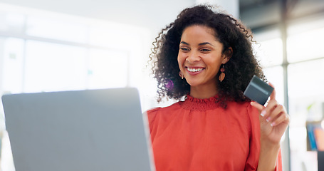 Image showing Laptop, happy and business woman with credit card for internet purchase, payment and online shopping. Fintech, ecommerce and female worker smile on computer for digital banking, invest and finance