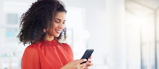 Image showing Business smile, connection and woman with smartphone, typing and communication for planning, strategy and search internet. Female employee, consultant and administrator with cellphone, signal and net