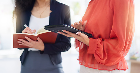 Image showing Teamwork, planning and strategy with hands of women in office for research, commitment and collaboration. Tablet, notebook and writing with employees browsing for advice, development and meeting