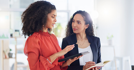 Image showing Teamwork, planning and review with women in office for discussion, commitment and collaboration. Tablet, notebook and conversation with employees talking for advice, development and strategy meeting