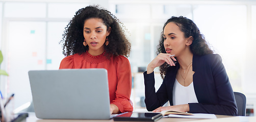 Image showing Collaboration, laptop and business women in office for creative, planning and marketing idea. Teamwork, proposal and female team with online project, review or kpi data analysis for startup company