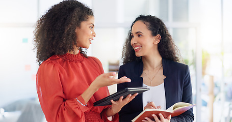 Image showing Teamwork, planning and review with women in office for discussion, commitment and collaboration. Tablet, notebook and conversation with employees talking for advice, development and strategy meeting