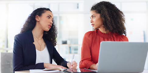 Image showing Collaboration, laptop and business women in office for creative, planning and marketing idea. Teamwork, proposal and female team with online project, review or kpi data analysis for startup company