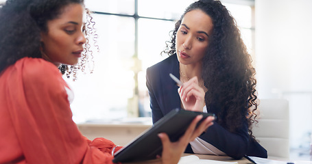 Image showing Teamwork, tablet and business women in office helping coworker with project. Coaching, collaboration and intern in training talking to mentor with touchscreen technology for learning in company.