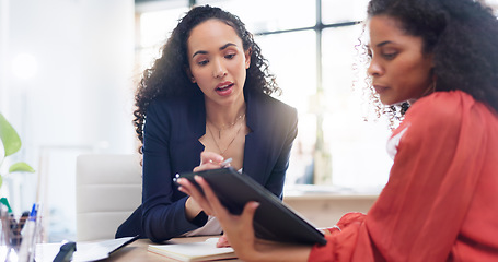 Image showing Teamwork, tablet and business women coaching in office helping coworker with project. Collaboration, intern and training, explaining and talking to mentor with touchscreen technology for learning.