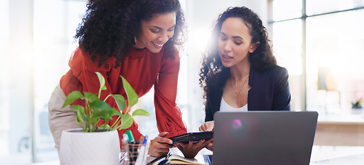 Image showing Teamwork, tablet and business women in office helping coworker with project. Coaching laptop, collaboration and intern in training talking to mentor with touchscreen technology in company workplace.