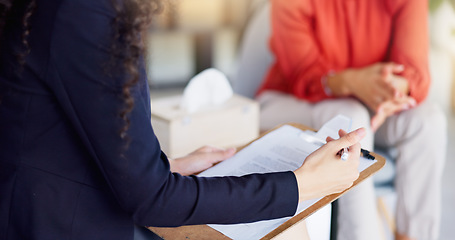 Image showing Clipboard, therapy and woman hands closeup for depression, mental health or psychology advice, support and evaluation. Therapist consulting client with checklist, assessment or health insurance talk