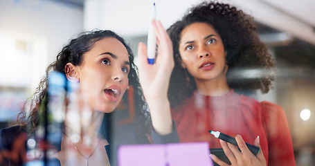 Image showing Planning, strategy and business women on glass board teamwork, collaboration and creative ideas for project. Biracial people or staff for workflow management, schedule or planner on window reflection