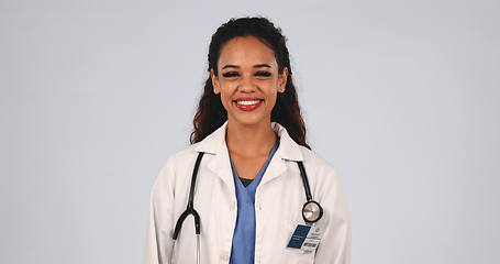 Image showing Laughing, medical doctor or a woman in studio with a stethoscope, funny and confident. Face, happy and friendly Mexico healthcare worker on a white background for wellness, medicine and career pride