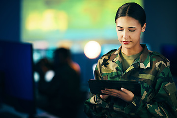 Image showing Military, woman and working with tablet in surveillance, control room or technical support for army, officer or mission. USA, cybersecurity and person with online database, research or communication