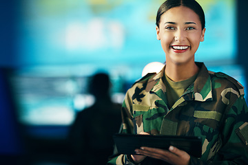 Image showing Military, woman and happy portrait with tablet in surveillance, control room or technical support for army, office or mission. USA, cybersecurity or face of person with research or communication