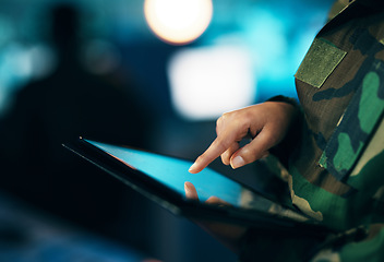 Image showing Military, woman and hand typing with tablet in communication, surveillance or technical support in control room for army. USA, cybersecurity or person working online with database, research or mockup