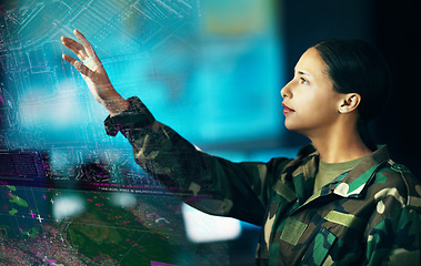 Image showing Map, location and a military woman using a dashboard for security, strategy or surveillance in a control room. Army, digital and double exposure with a young soldier looking at a 3D or AI hologram