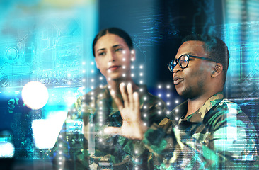 Image showing Cyber security, board and people in the army for planning with overlay and global surveillance. Talking, night and a black man with a woman for digital information and a virtual military system