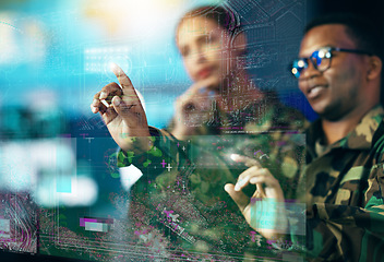 Image showing Futuristic screen, hand and people in the army for planning with overlay and global surveillance. Talking, night and a black man with a woman for digital information and a virtual military system