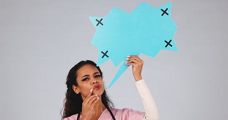 Image showing Nurse, woman thinking and speech bubble in healthcare solution, idea and clinic choice and questions in studio. Decision face of medical doctor with quote poster, tracking marker and white background