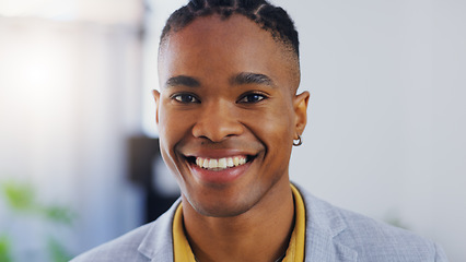 Image showing Business man, portrait and face with a smile in a corporate office while happy and confident. Closeup of a male entrepreneur person laughing with pride for professional career, motivation and goals