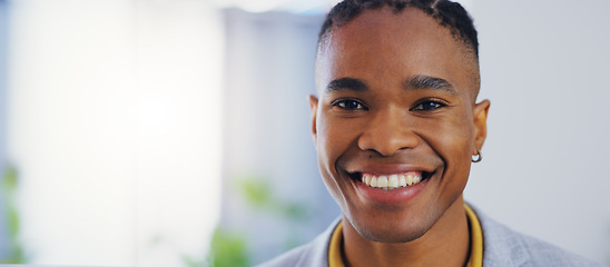 Image showing Business man, portrait and face with a smile in a corporate office while happy and confident. Closeup of a male entrepreneur person laughing with pride for professional career, motivation and goals