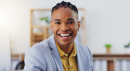 Image showing Face, business and black man with a smile, success and growth in workplace, startup and development. Portrait, male employee or worker with happiness, confidence and skills for company or new project