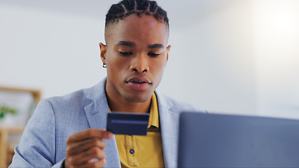 Image showing Online shopping laptop, credit card or black man happy for banking payment, corporate loan success or account money. Financial sale, e commerce website or male customer with easy fintech omnichannel