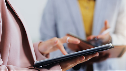 Image showing Tablet, teamwork and hands of business woman typing online search for research statistics, insight or database archive. Collaboration, communication and team cooperation on bank productivity feedback