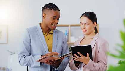 Image showing Writing, digital tablet and business people in a meeting for creative, planning and strategy in office. Diversity, mentor and man online with woman for idea, vision and