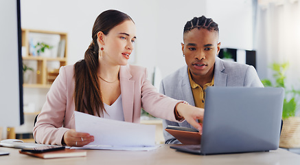 Image showing Laptop, diversity and business people collaboration, communication or teamwork on work flow analysis. Notebook planner, discussion talk and black man, woman or team cooperation on research statistics