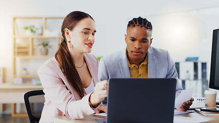 Image showing Laptop, planning and business people in discussion in office for on a project in collaboration. Teamwork, technology and professional corporate team doing research and working on report in workplace.