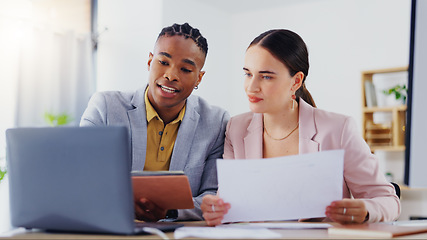 Image showing Laptop, diversity and business people collaboration, communication or teamwork on work flow analysis. Notebook planner, discussion talk and black man, woman or team cooperation on research statistics