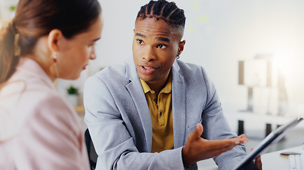 Image showing Tablet, diversity and corporate team collaboration, communication or teamwork on work flow analysis. Entrepreneur partnership, discussion and black man, woman or people speaking about web statistics