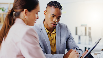 Image showing Tablet, diversity and corporate team collaboration, communication or teamwork on work flow analysis. Entrepreneur partnership, discussion and black man, woman or people speaking about web statistics