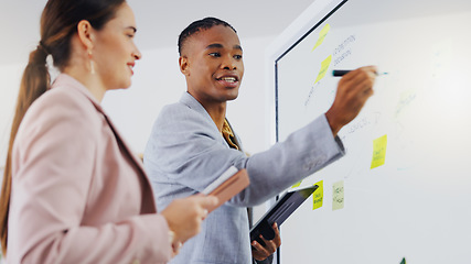 Image showing Board, writing and business team collaboration, communication and planning brand sales launch. Sticky note, creative teamwork and corporate people in brainstorming conversation about design ideas