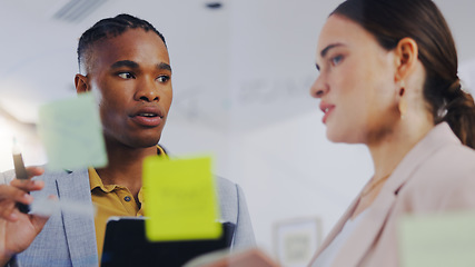 Image showing Board, explain or diversity people collaboration, communication and teamwork on sales strategy. Sticky note, brainstorming team or business partner cooperation on research info, project ideas or plan