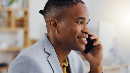 Image showing Phone call conversation, office communication and black man speaking, discussion or on b2b negotiation with mobile contact. Chat, talking and male entrepreneur networking for startup business funding