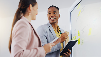 Image showing Board, diversity collaboration and business people communication planning and discussion on advertising strategy. Sticky note, teamwork and corporate team work on startup brainstorming development