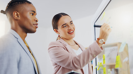 Image showing Board, writing and business people cooperation, office consulting and planning sales launch for target audience. Sticky note ideas, collaboration teamwork or retail team brainstorming design plan