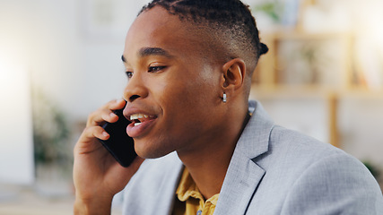 Image showing Phone call, business communication and black man talking, discussion or on b2b conversation with investment contact. Chat, office consulting and male consultant networking for startup company funding