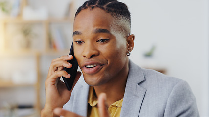 Image showing Phone call, business communication and black man talking, discussion or on b2b conversation with investment contact. Chat, office consulting and male consultant networking for startup company funding