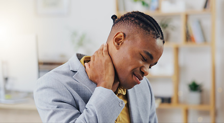 Image showing Neck pain, crisis and black man with anatomy injury, bad medical emergency or office strain problem. Burnout fatigue, muscle accident and tired person, business employee or agent with stress tension