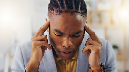 Image showing Mental health, headache and black man stress over office burnout, work project or company risk crisis. Fatigue, migraine and tired person, business consultant or depressed employee with pain problem