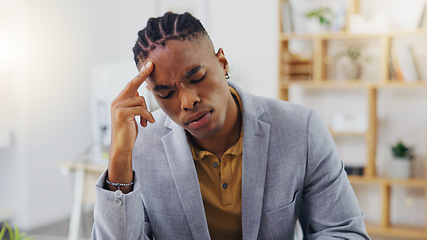 Image showing Mental health, pain and black man burnout from office stress, overworked or company project crisis. Fatigue, migraine and tired person, business consultant or depressed worker with headache problem