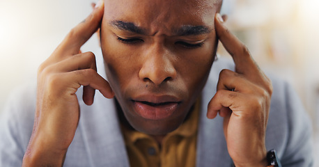 Image showing Mental health burnout, sad or black man depressed from office stress, business pressure or corporate crisis. Pain, depression and tired person, consultant or professional worker with headache problem