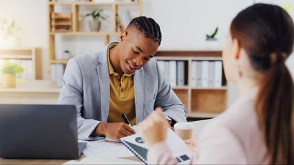 Image showing Startup, consultants and black man in office, conversation and new project, schedule and share ideas. Employees, female client and male worker explain process, system and planning with paperwork