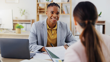 Image showing Startup, consultants and black man in office, conversation and new project, schedule and share ideas. Employees, female client and male worker explain process, system and planning with paperwork