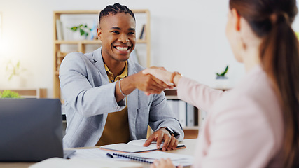 Image showing Businessman, interview and handshake for hiring, partnership or agreement in recruitment at the office. Happy employer shaking hands with employee or new recruit for meeting, greeting or deal at desk