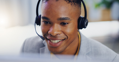 Image showing Customer service, laptop and face of black man consulting on contact us CRM, telemarketing or telecom. Webinar, information technology or male call center consultant talking on online tech support