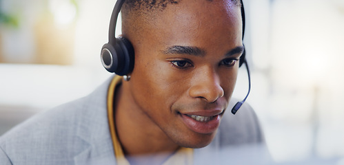 Image showing Customer service, laptop video call or black man consulting on contact us CRM, sales pitch or telecom. Webinar headset, tech support face or male call center agent talking on online telemarketing mic